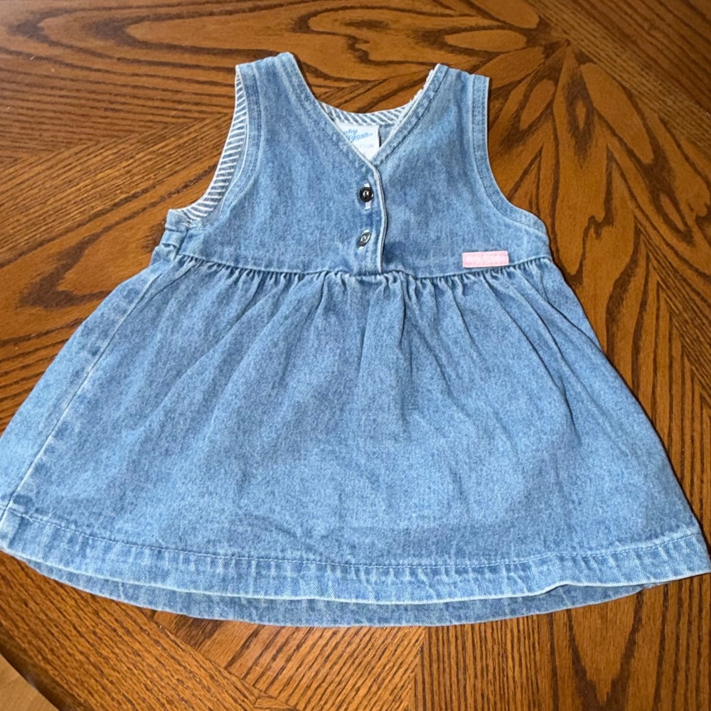 Vintage Baby B'gosh OshKosh 12M Chambray Denim Cotton Dress Pink Logo USA 90s